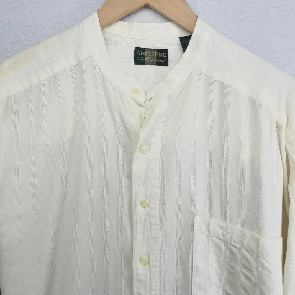STRUCTURE Shirt Mens XL Cotton Dobby Striped Band Collar Button Up Off White VTG_2